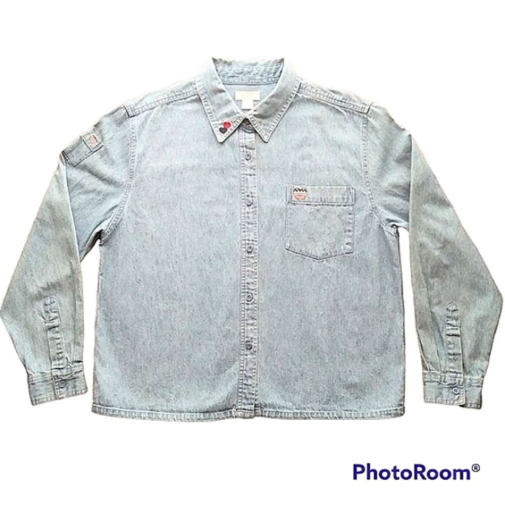 VINTAGE Y2K CHRISTOPHER & BANKS DENIM SHIRT SZ L PATRIOTIC EMBROIDERY BOXY